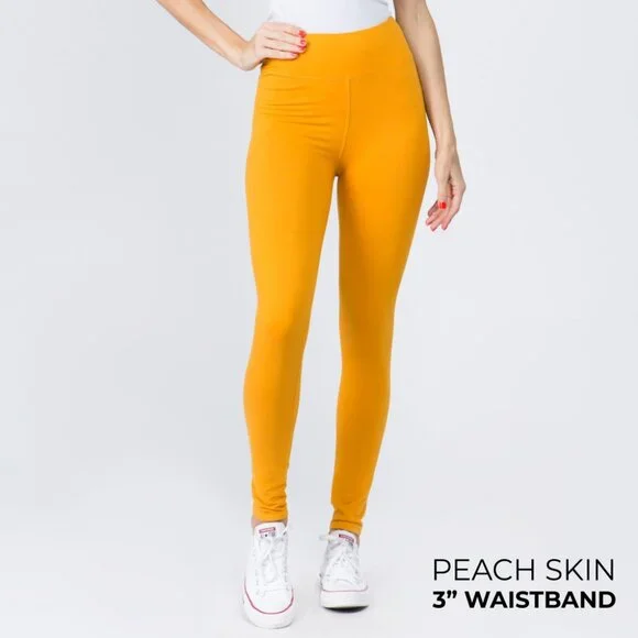 ❤️NWT BOUTIQUE MUSTARD COLOR Women's 3" Waistband Solid Peach Skin Leggings - Picture 1 of 4